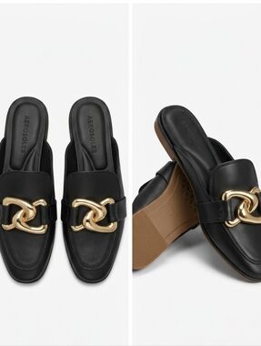 AEROSOLES Black Leather Slip-On Mules with Gold Link